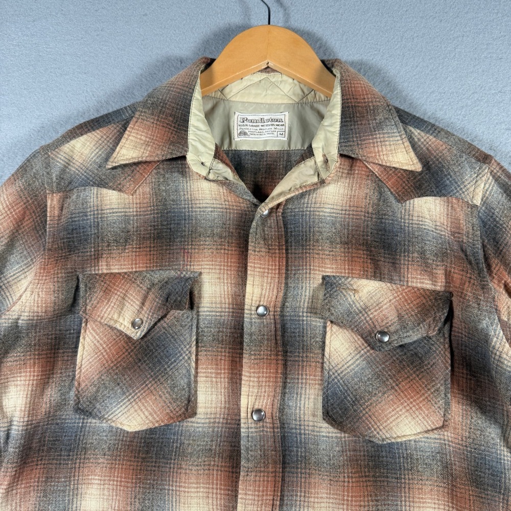 Pendleton High Grade Western Wear Mens M Wool Plaid Snap Button Flannel Shirt - Picture 4 of 15